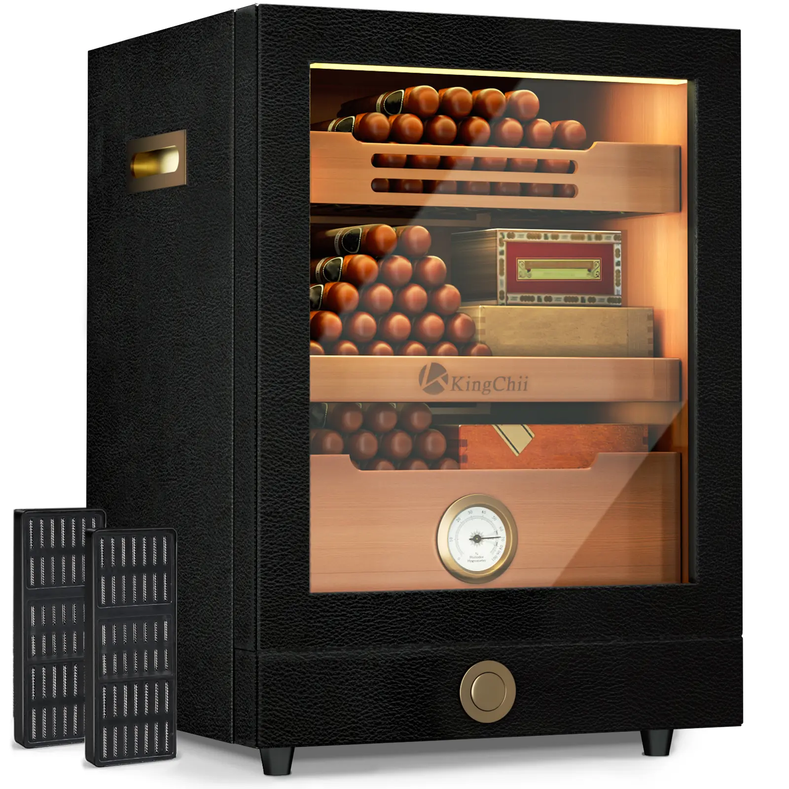 KingChii Premium Spanish Cedar Freestanding Tempered Glass Cabinet with Built-In Drawers - 3-Color LED Lights, Hygrometer, Humidifier, Leather Accents, 100-Capacity for Stick Collectibles (Black) - Moisture Control, Multiple Shelves Sort Items