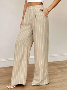 A casual and fashionable Womenswear khaki striped wide leg pants for women, with a high waist and loose fit that looks slimming and covers the sagging sensation. Suitable for all seasons, suitable for home, indoor, and outdoor wear
