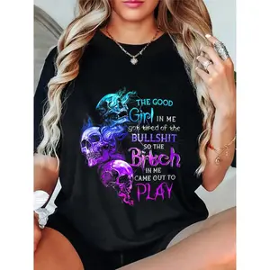 Comfortable Cotton T-shirt Featuring The Good Girl In Me Got Tired Of The Bullshit Skull Rose Design Streetwear Tshirt