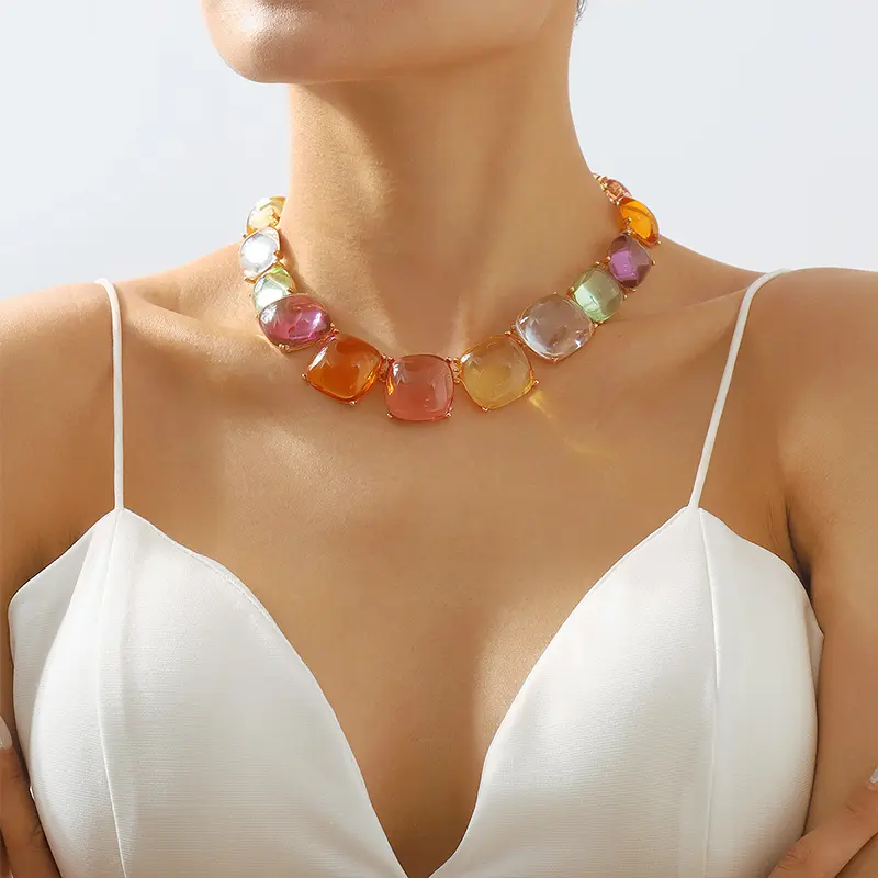 Women's Multicolour Color Block Jelly Necklace - Bohemian Geometric Zinc Alloy Statement Jewelry for Female Fashion Enthusiasts, Lightweight and Compact, Travel-Friendly Design for Parties or Daily Use, Casual, Colorful Necklaces