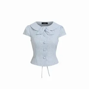 Cider Cotton-blend Gingham Peter Pan Collar Puff Sleeve Bowknot Blouse SwimWeek