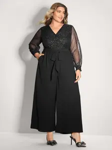 BLOOMCHIC Plus Size Long Sleeve Sparkly V-Neck Backless Sheer Belted Wide Leg Jumpsuit - Smooth Polyester-Spandex Blend, Festival Garment, With Pocket, Sizes, [M-6X]2026 Summer Vibes Swimweek