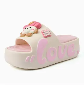 Cartoon Puppy Thick-Soled Slide Sandals, Off-White with Color Contrast, “LOVE” Letter Design, Cute 3D Decorations, Women’s Slides for Home and Outdoor Wear