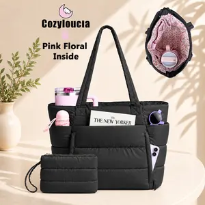 [summervibes] Coyzloucia Tote Bag with Floral Pint inside, Lightweight Puffy Work Handbag Teacher Nurse Quilted Shoulder Bag for School Travel Gym | Cloud Bag, Daily College Bags, 15.6" Laptop Bag, Clinical Nursing Bag, Gift for Women, summerwins