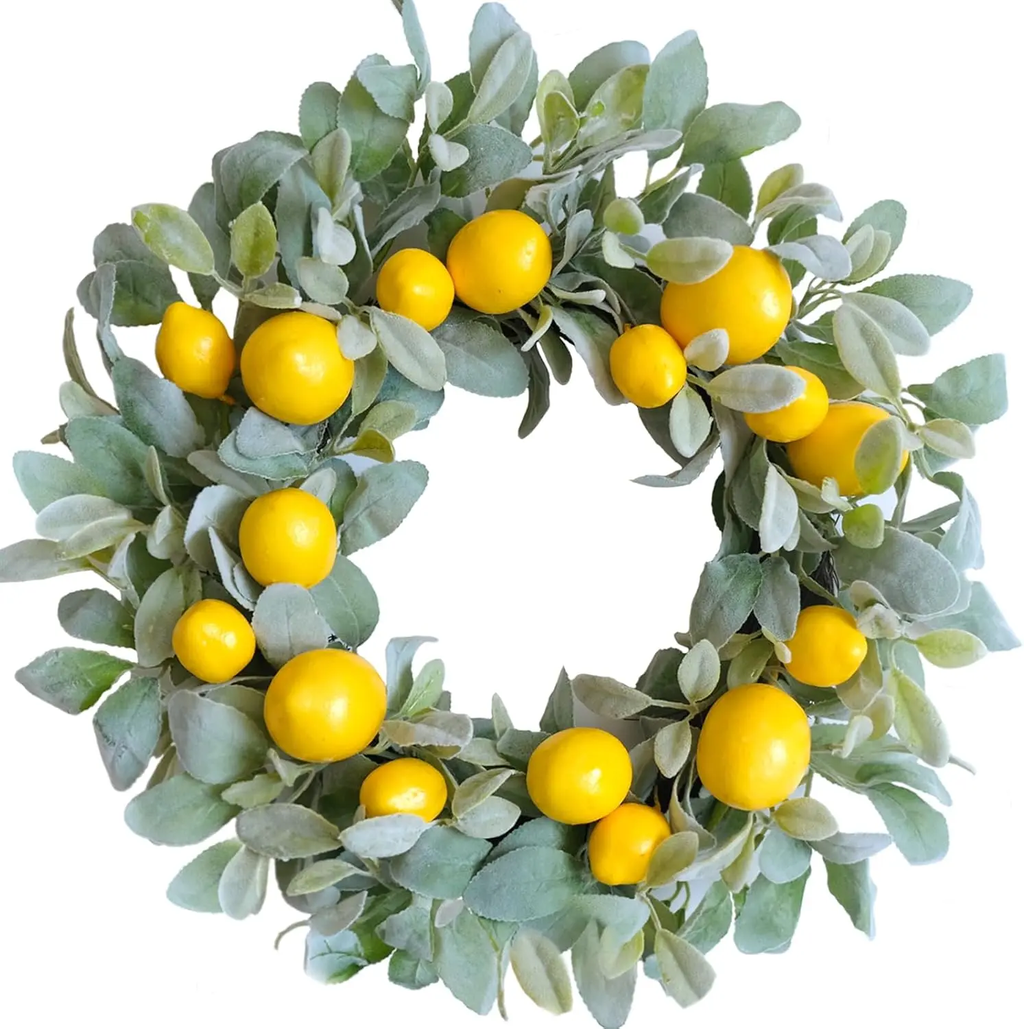 Egolot 18-In Metal Yellow Lemon Wreath - Decorative Ornaments with Lamb Ears Leaves, Green Leaves, Wall Hanging for Front Door, Casual Festive Decorations, Colorful Festival Wreaths Garlands & Swags for Spring-Summer Home Indoor-Outdoor Use