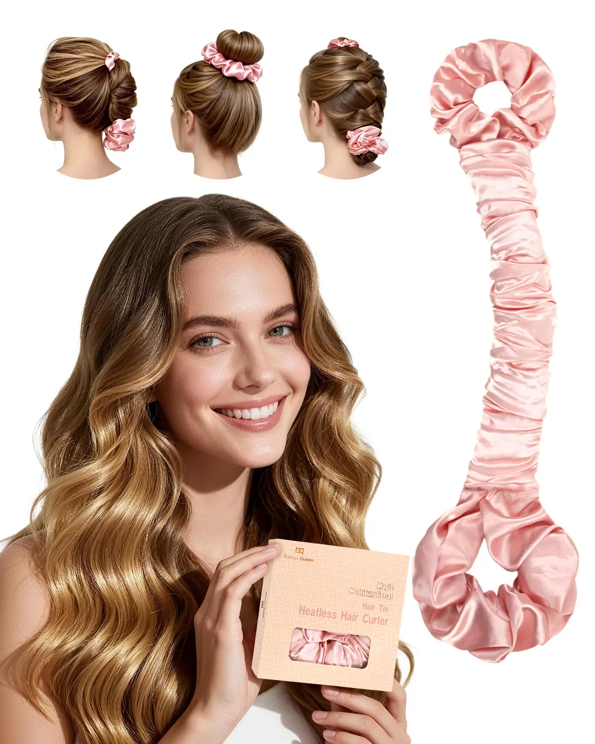BONNET QUEEN Multi-function Satin Heatless Hair Curler & Hair Tie Non-Heating Hair Roller Curling Rod with Scrunchie, Large, champagne(For Big Curls), Hair Curling Rods
