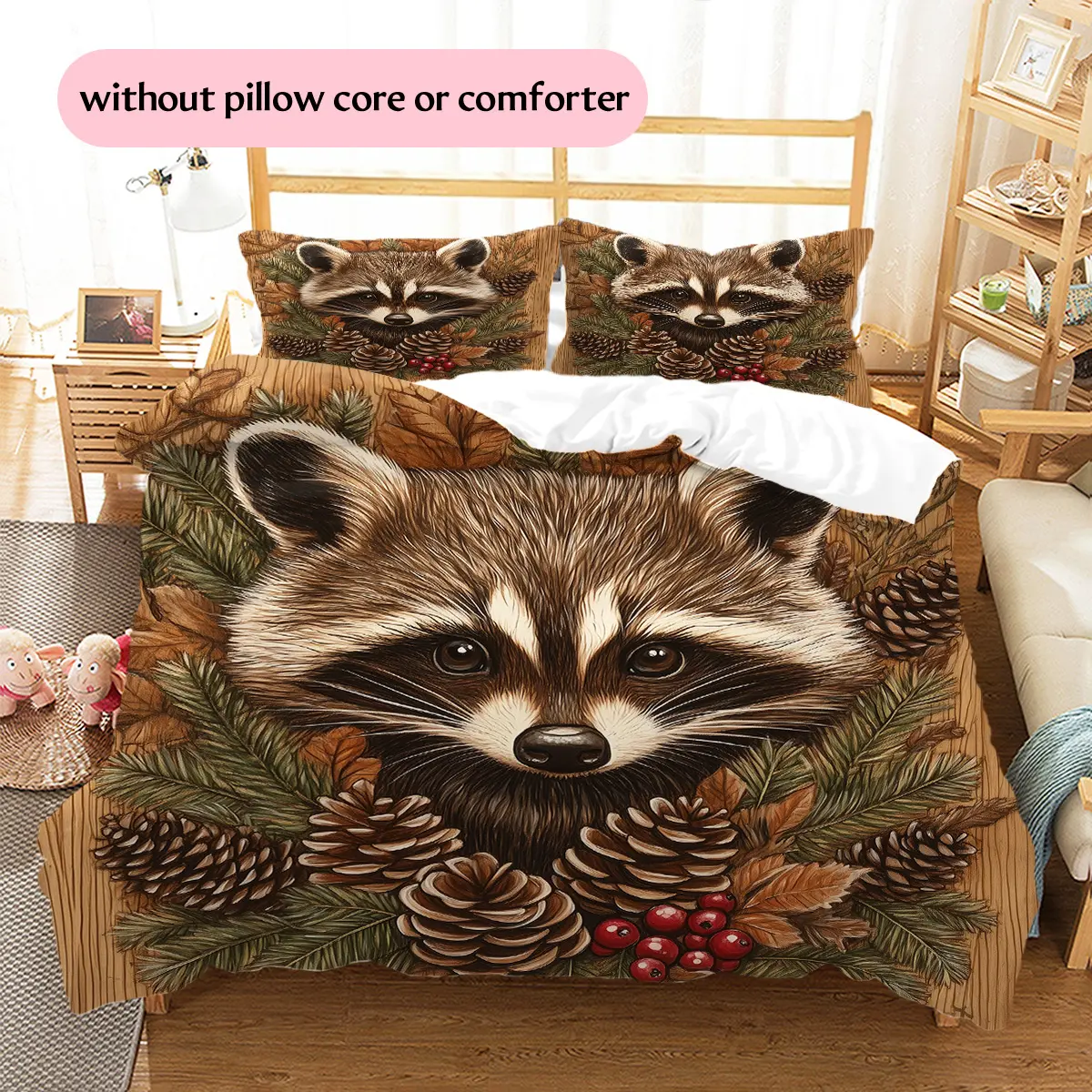 Pinecone Raccoon  Printed bedding set, duvet cover and pillowcases, home decor, Christmas decoration, bedroom duvet cover, Christmas gift, birthday gift (1 * duvet cover + 2 * pillowcases, i