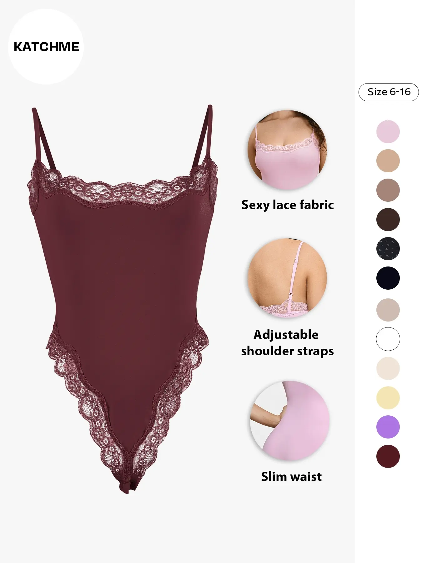 Women's Sexy Solid Color Soft Spaghetti Strap Lace Trim Shaping Shapewear Bodysuit