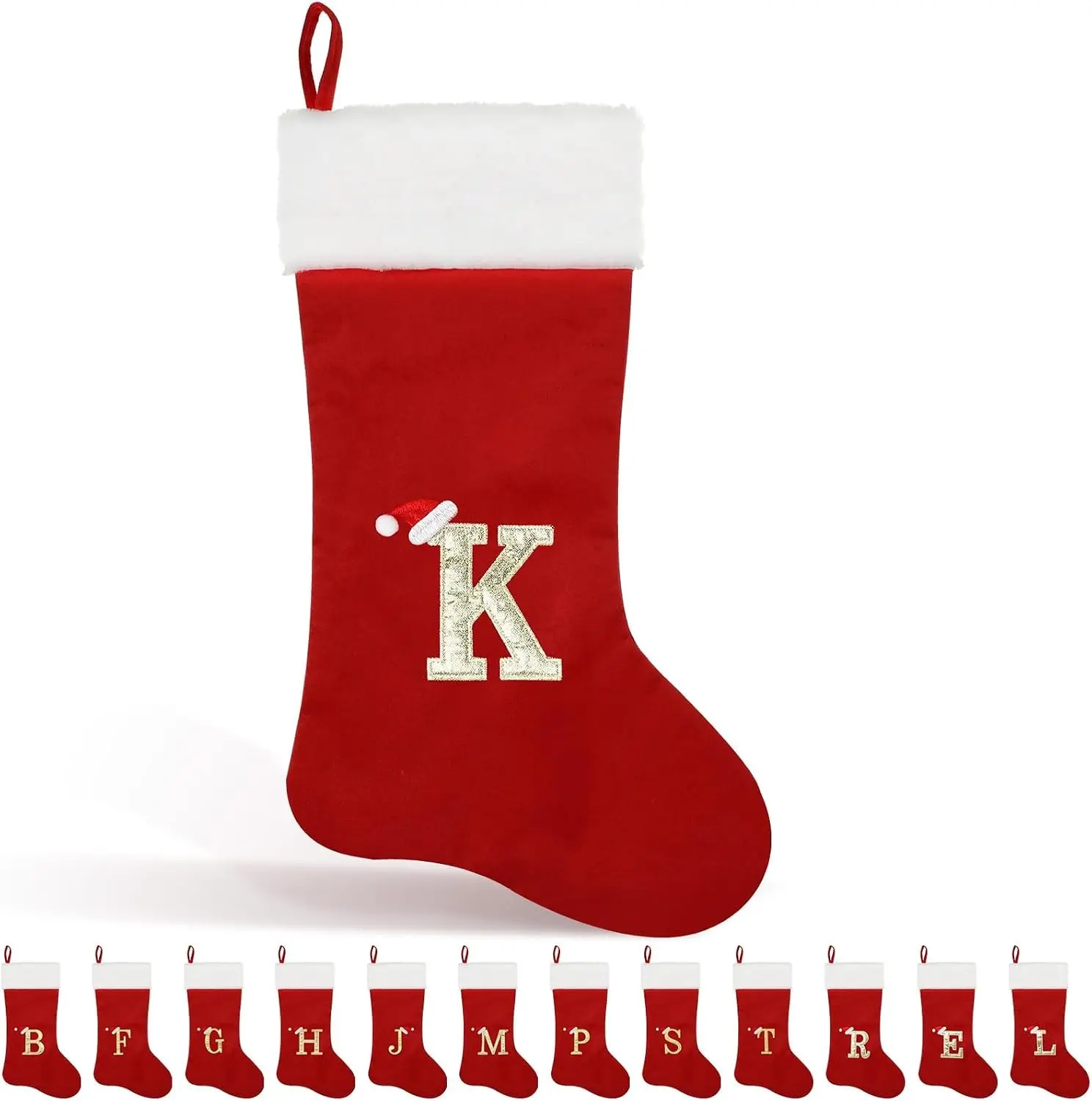22 Inches Monogram Christmas Stocking with Letter Soft Velvet with White Plush Cuff Embroidered Initial Xmas Stockings for Christmas Holiday Fireplace Decoration Gifts (K Letter, Red)