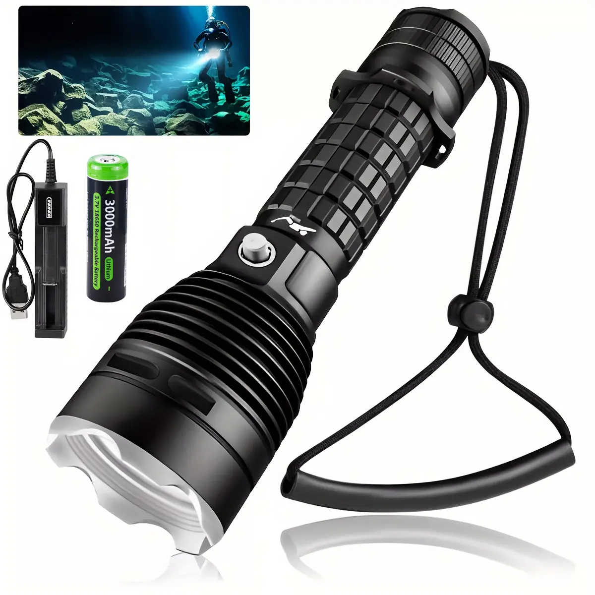1Pack Aluminum Alloy Rechargeable Scuba Diving Flashlight - XHP70 Super Bright Diving Gear, 20H Long-Lasting Battery, 3 Modes, IPX8 Waterproof, Lockable for Snorkeling, Caving