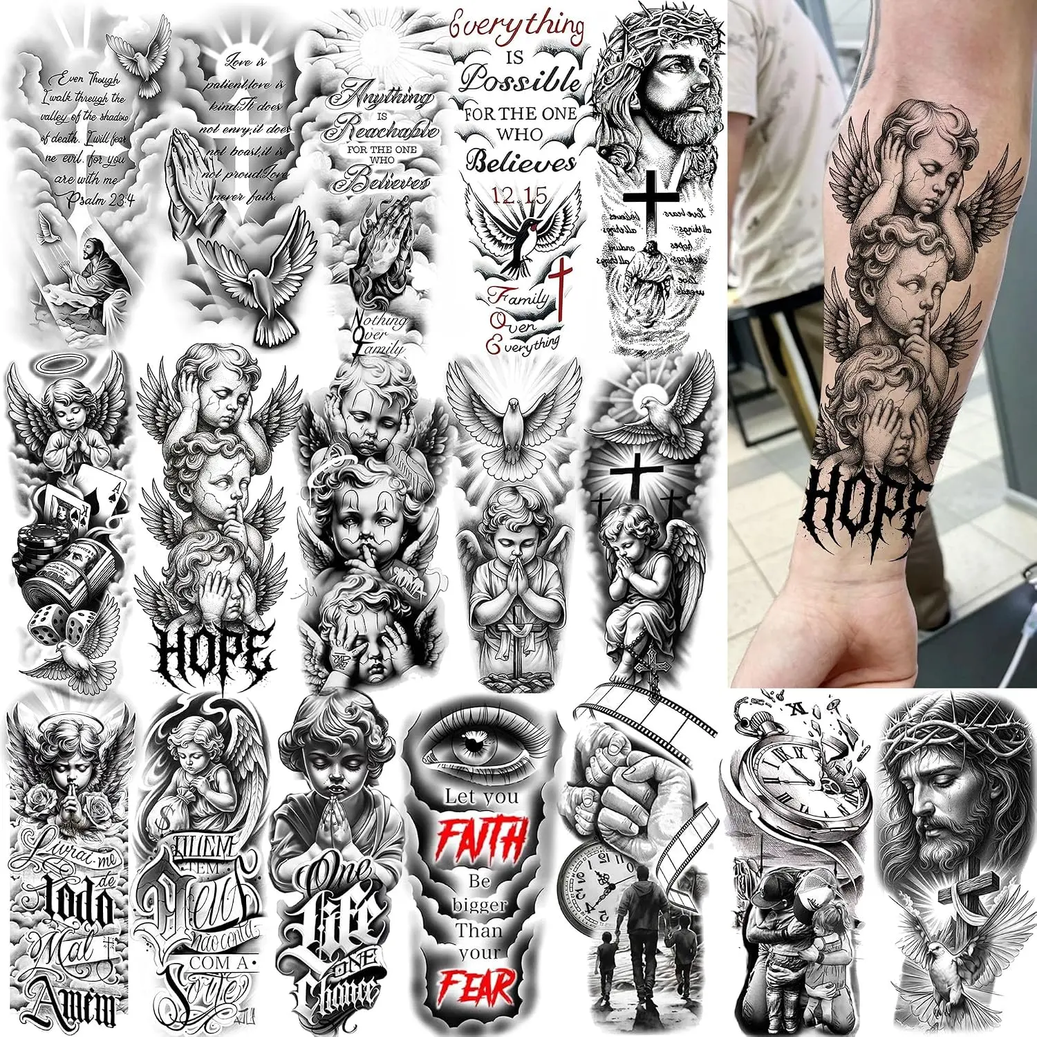 17 Sheets Angel Jesus Temporary Tattoos For Men Women Adults Forearm Half Arm Sleeve Tattoo Sticker, Realistic Letters Fake Engraved Tattoos Family Dove Christian Faith Tatoos Body Art Durable