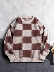 Unisex Casual Plaid Knit Sweater, Soft Loose Pullover, Round Neck Long Sleeve, Comfortable Winter Wear, Spring & Fall Fashion