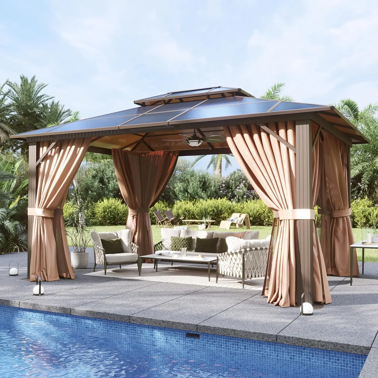 Aoxun Hardtop Gazebo with Double Polycarbonate Roof Outdoor Metal Gazebo Sturdy Aluminum Frame & Removable Curtains, Netting Permanent Pavilion Pergola for Garden,Patio,Lawn,home decor,camping essentials