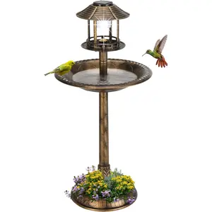 VINGLI Outdoor Bird Bath, Garden Bird Baths Decorations with Solar-Powered Lamp and Resin Pedestal Flower Planter Base Bird Feeder for Yard Patio