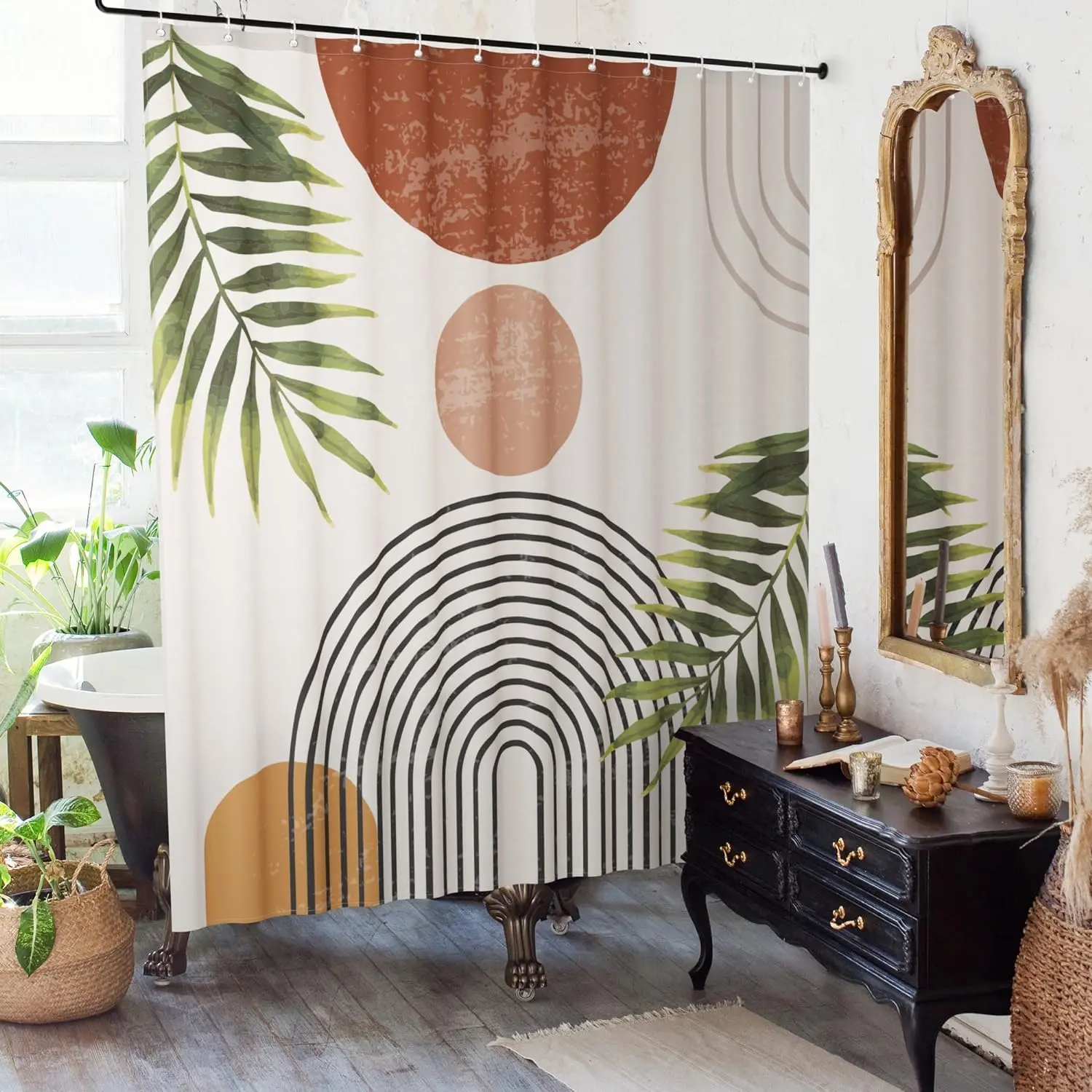 Boho Style Leaf Print Shower Curtain, Modern Waterproof Printed Decorative Shower Curtain with 12 Hooks, Bathroom Supplies for Home Decor, Bathroom Decoration Accessories, Restroom, Aesthetic Shower Curtain