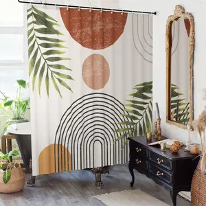 Boho Style Leaf Print Shower Curtain, Modern Waterproof Shower Curtain with 12 Hooks, Bathroom Supplies for Home Decor, Bathroom Decoration Accessories, Restroom