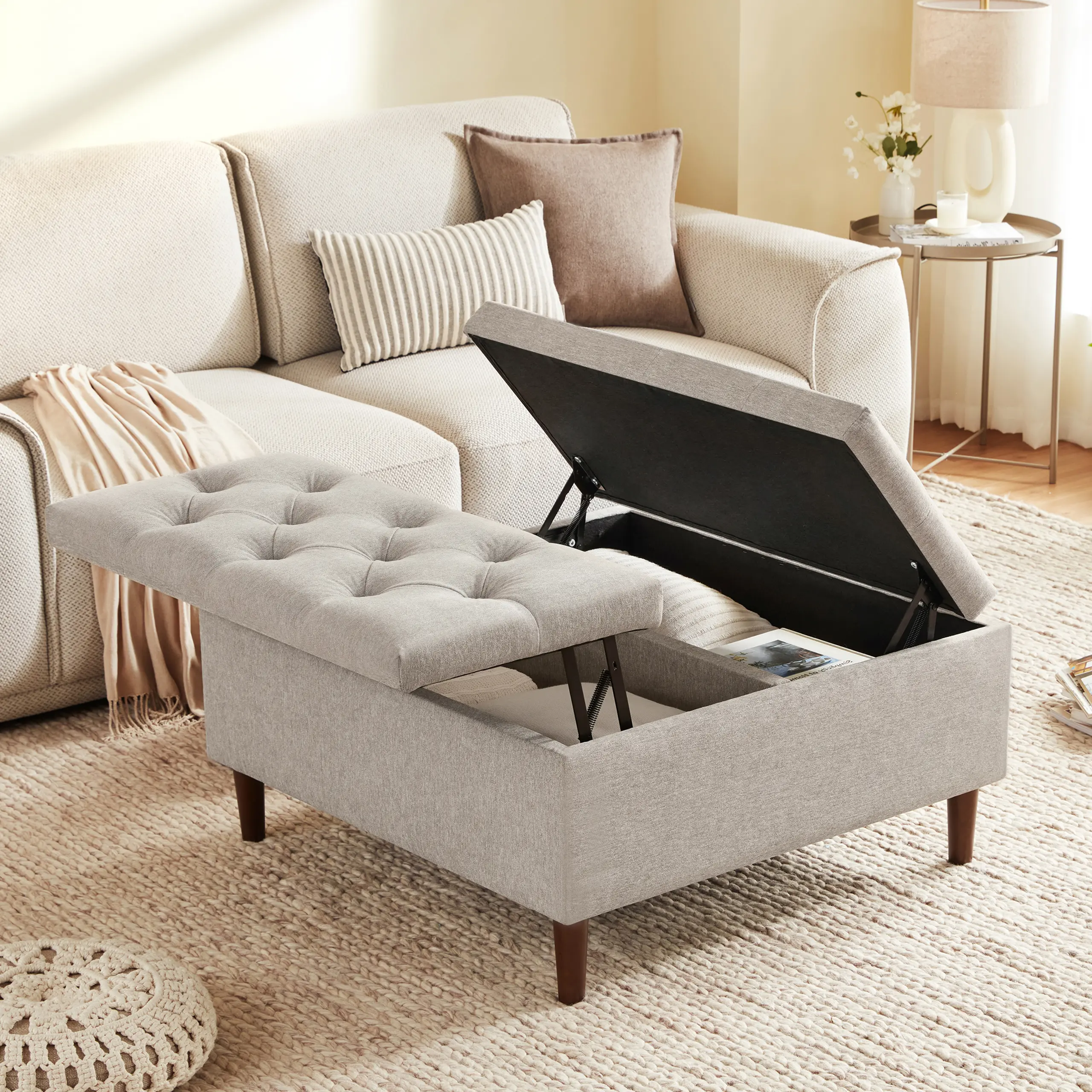 35 Inch Extra Large Storage Ottoman Coffee Table with Lift Top, Oversized Square Ottoman with Storage, Tufted Upholstered Ottoman Coffee Tables for Living Room