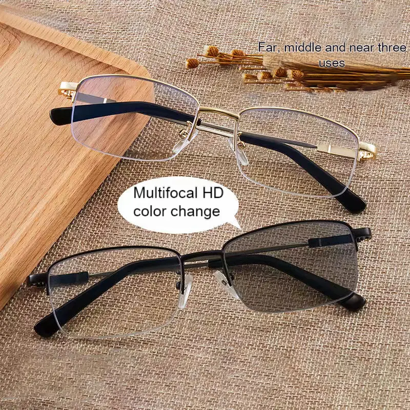 Unisex Reading Glasses 2-Pack, Rectangle Semi-Rimless Alloy Frame with Photochromic Progressive Anti-Glare Resin Lenses, +1.0-+4.0D