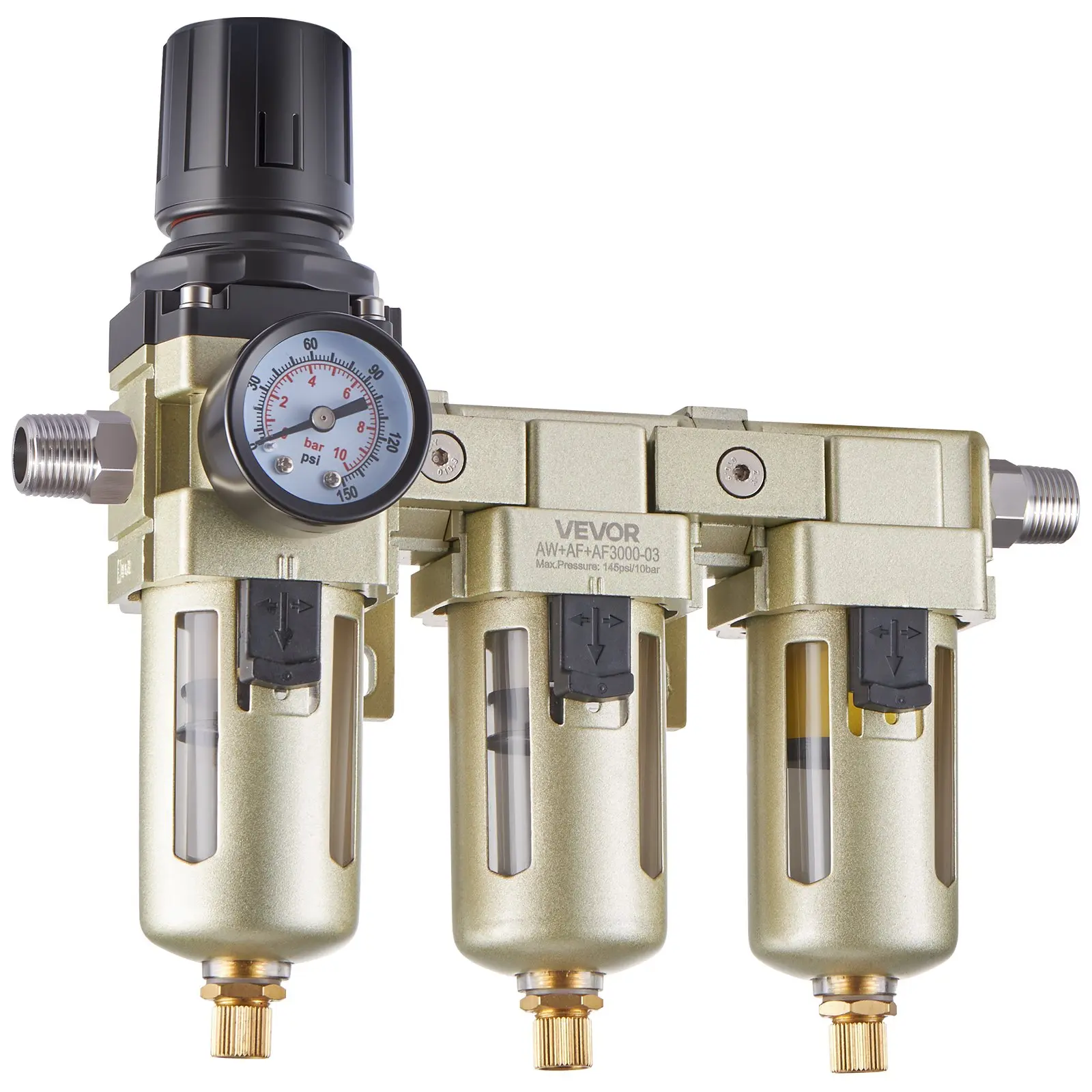 【Summerfinds】VEVOR Air Compressor Filter Regulator, 3/8" NPT 3-Stage Air Compressor Water Separator with 5μm/1μm/0.01μm Micron Filter Elements, Semi Auto Drain Air-Drying System 145PSI Max Pressure, Poly Bowl