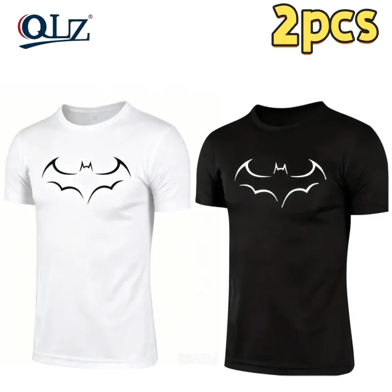 Cotton 2pcs large size mens loose t shirt fashion bat print mens short sleeve t shirt summer new mens casual t shirt black -1 t shirt