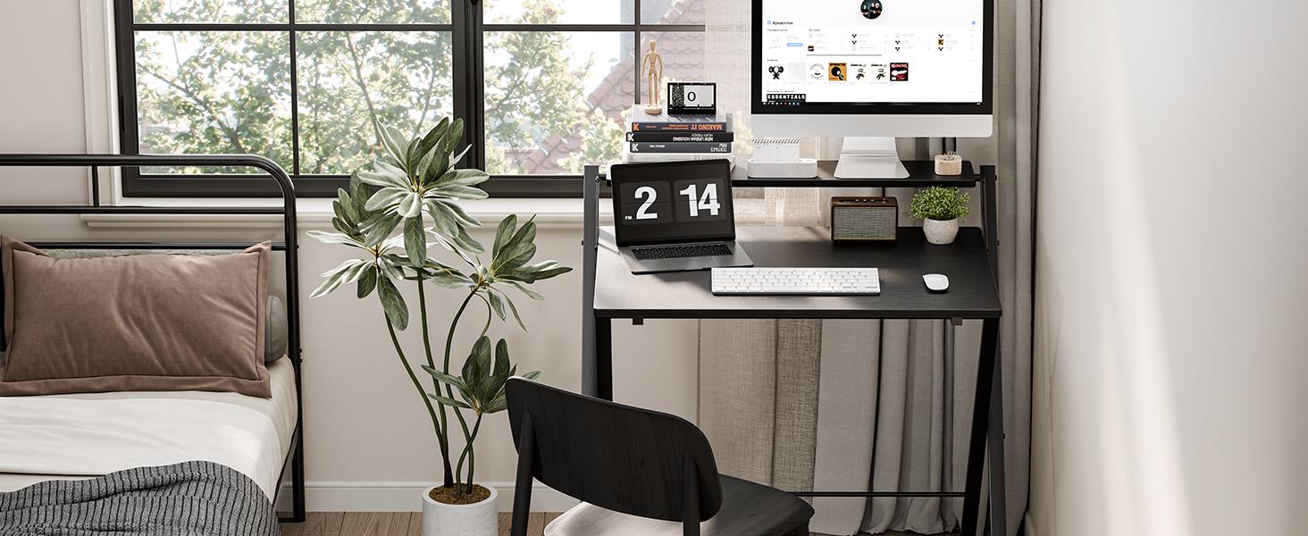 Folding Desk No Assembly, Sturdy Computer Desk for Small Spaces | Portable Foldable Table for Laptop, 2-Tier Compact with Shelf, Space Saving for Home Office, Dorm, Apartment