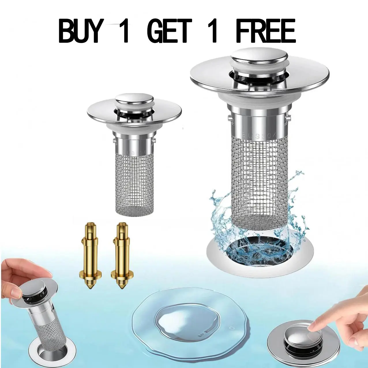 Bathroom Sink Stopper Hair Catcher,Pop-Up Bathroom Sink Drain Strainer with Removable Stainless Steel Filter Basket, Universal Sink Stopper for Bathroom & Kitchen Brass Finish Stainless Steel Drain Stopper