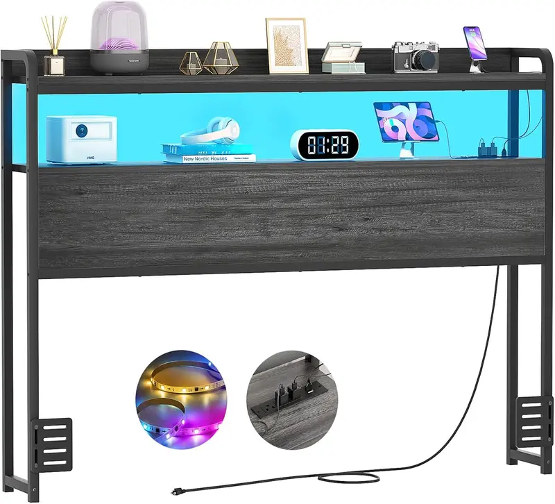 Headboard for Full Size Bed Frame with Outlets USB Ports & LED Lights Adjustable Height Sturdy Storage Shelf Black Oak Finish