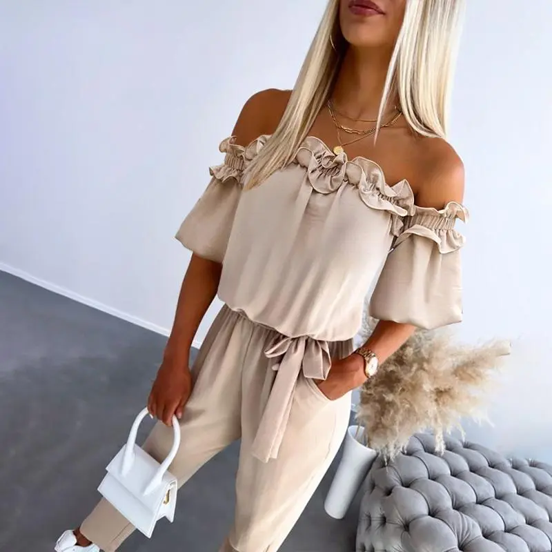CHICME Women's Off Shoulder Wedding Guest Jumpsuit Lantern Sleeves Frill Trim Tie Waist Textured Overalls for Party