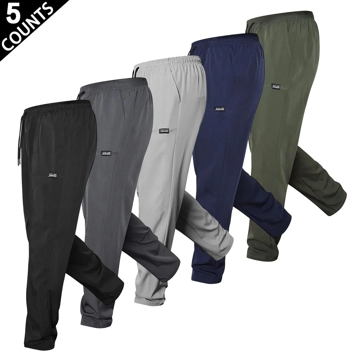 Men's Joggers, 5-Piece Solid Stretch Athleisure Set, Mid-Waist Fitness Pants with an Adjustable Drawstring, Adjustable Waist Pants, Fitted Cut, Running/Jogging, Daily‑To‑Gym Wear, Elastic Waistband