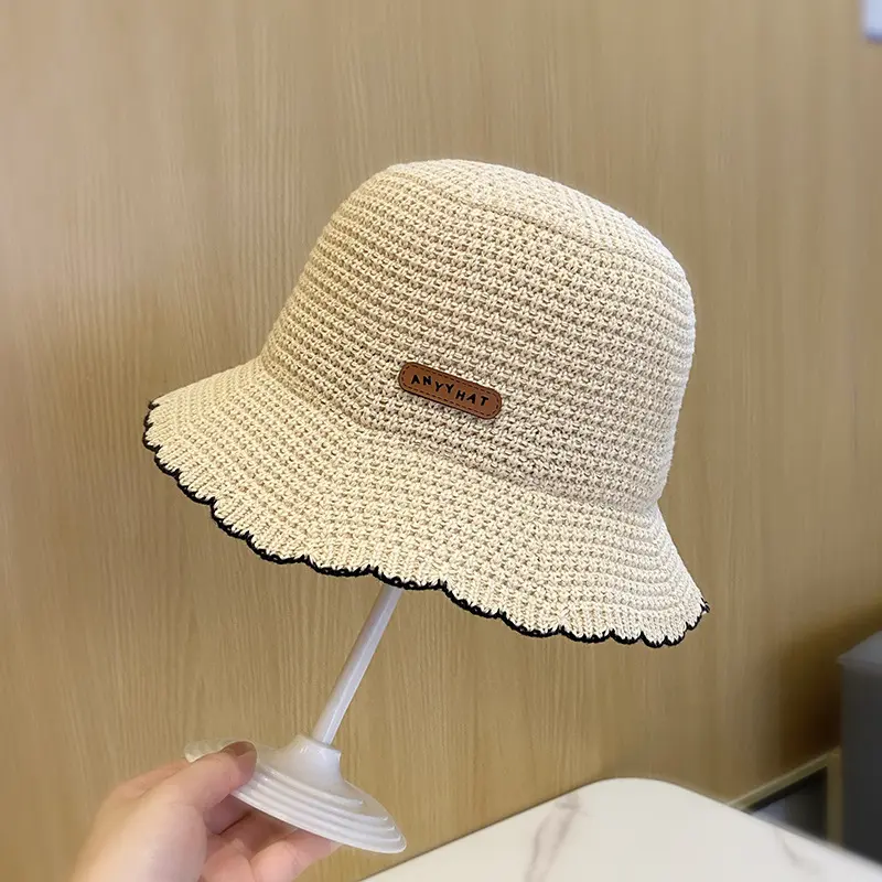 Women's bucket hat, new spring/summer style, letter patch, knitted, breathable, Korean style, versatile, foldable, sun hat.