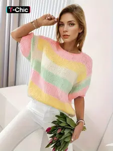 Women's Rainbow Striped Round Neck Short Sleeve Casual Fitted Knit Pullover Sweater, Stylish and Comfortable, Perfect for Daily Wear, Knitwear
