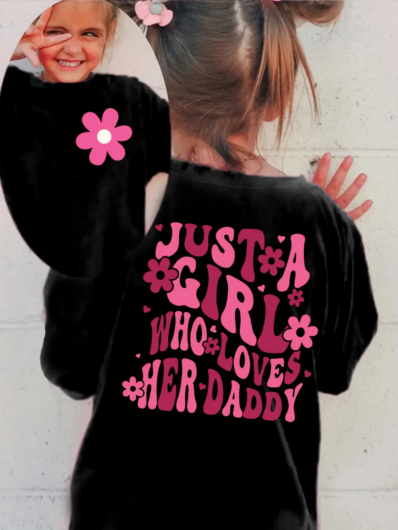 PUEMCO Just A Girl Who Loves Her Daddy Girls T-Shirt Back Print Retro Groovy Bubble Letter Pink Flower Heart Short Sleeve Cotton Black Toddler Daddy Daughter Tee