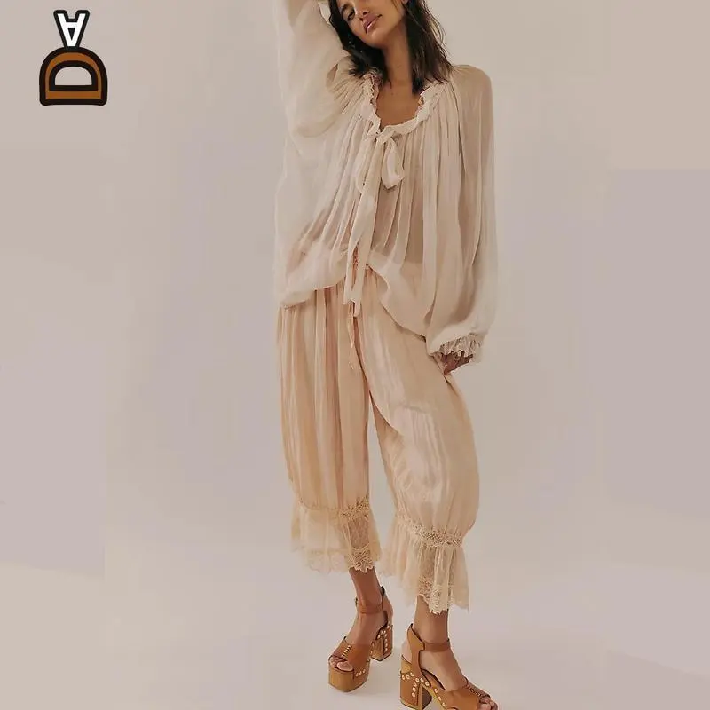 New(New)DAGF Boho Series Set Outfit Women Ruffle Long Top and Bloomers Elastic Waist Lace Patchwork Pettipants Pantaloons Cropped Slip Pants Streetwear