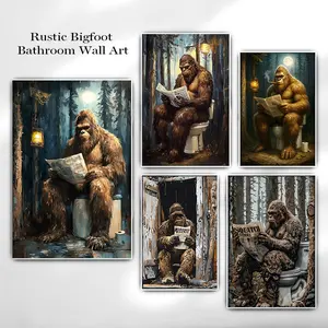 Funny Bigfoot bathroom unframed poster, Vintage Sasquatch Toilet Print, Rustic Cabin Woodland Humor Decor for Man Cave Restroom, Gift for Him Father's Day