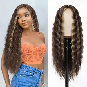 Synthetic Curly Wig 28 Inch Honey Blonde Skunk Stripe Wig Long Curly Wigs for Black Women Deep Wave Synthetic Lace Front Wigs with 4'' Simulated Scalp Middle Part