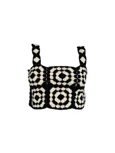 Handmade Crochet Granny Square Crop Top Black & Cream Boho Festival Tank
