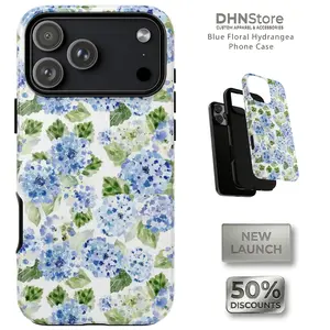 [Flash Deal] DHNStore Blue Floral Hydrangea Smartphone Case, Aesthetic Watercolor Garden Flower Cover, Crystal Cellphone Accessory, Wireless-Friendly Gift for Her, Compatible with iPhone 17/16e/16/15/14/13/12/11 Pro Max & Galaxy S24/S23/S22 Ultra, Accesso