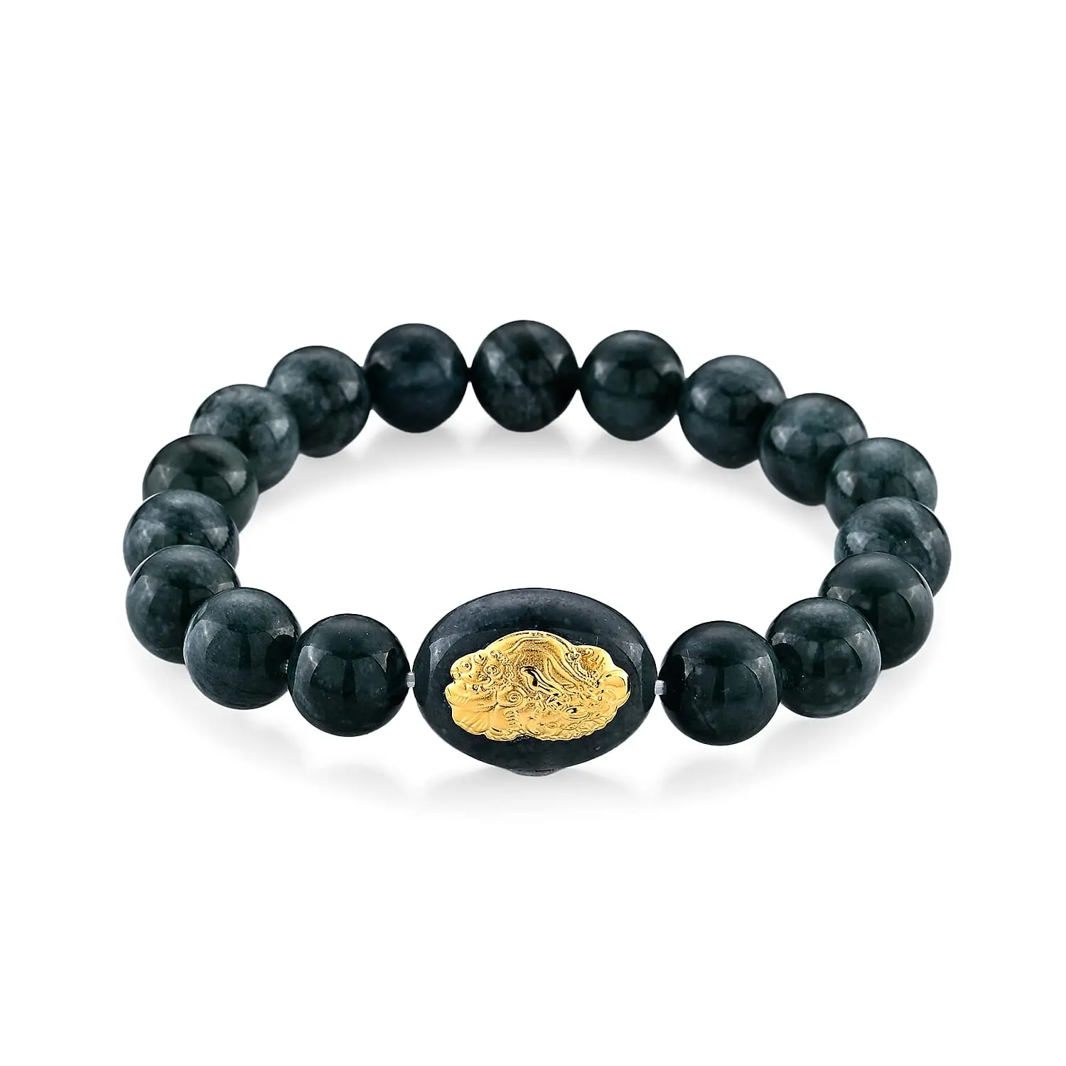 24K Yellow Gold Pixiu Natural Olmec Jadeite Beaded Stretch Bracelet 130.00 ctw