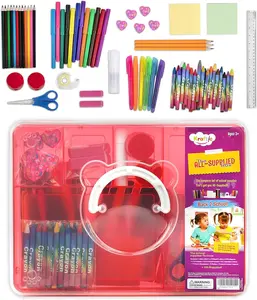 Kraftic Unisex Kids' Craft Organizer Art Supplies Box Kit - Back to School Educational Set with Removable Tray, Crayons, Colored Pencils, Washable Markers & Other Accessories