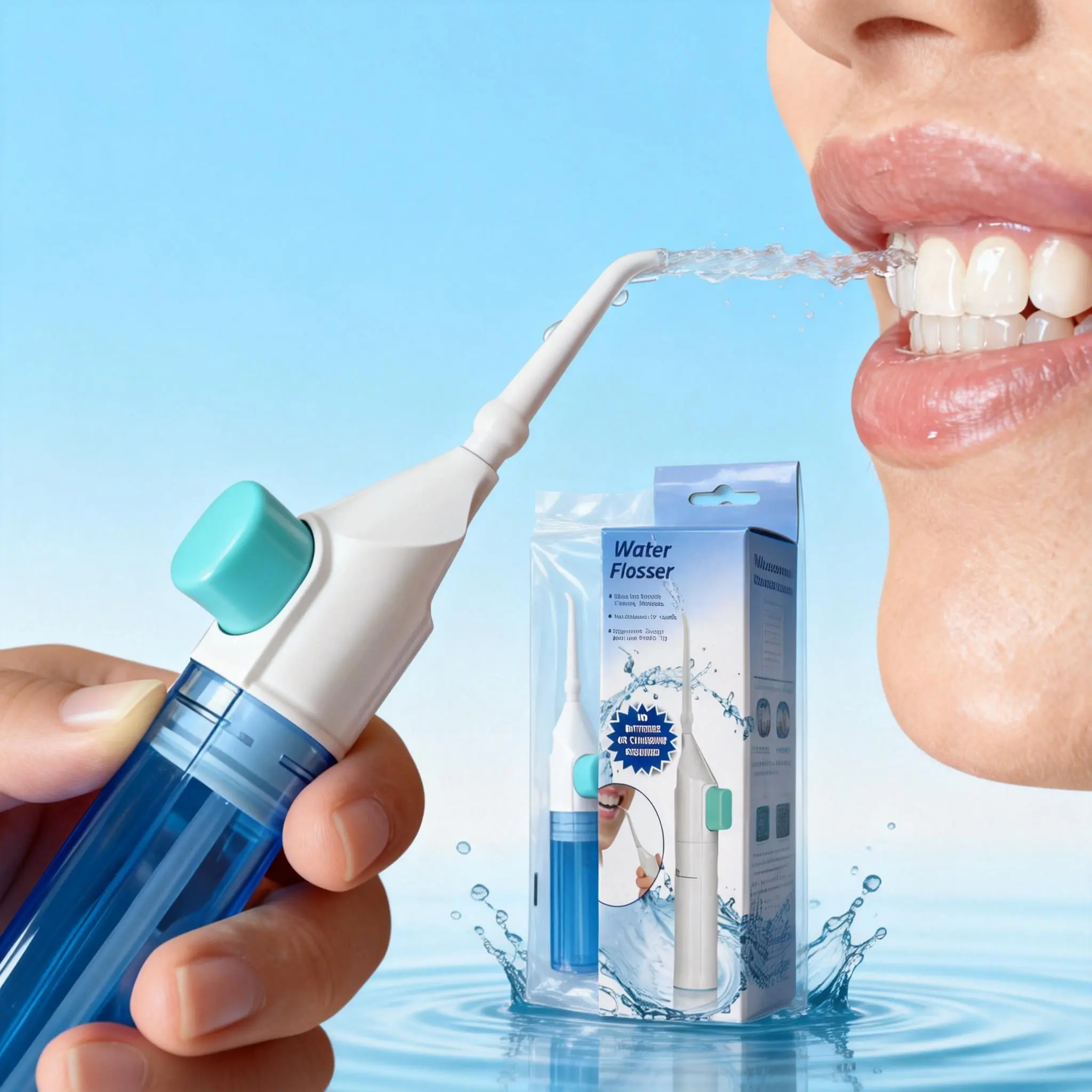 Manual oral irrigator and water flosser, a portable, battery-free dental cleaning device for deep cleaning and gum health, suitable for users wearing braces, featuring adjustable spray modes, ideal for home and travel., Portable Water Flosser, Cleansing,,