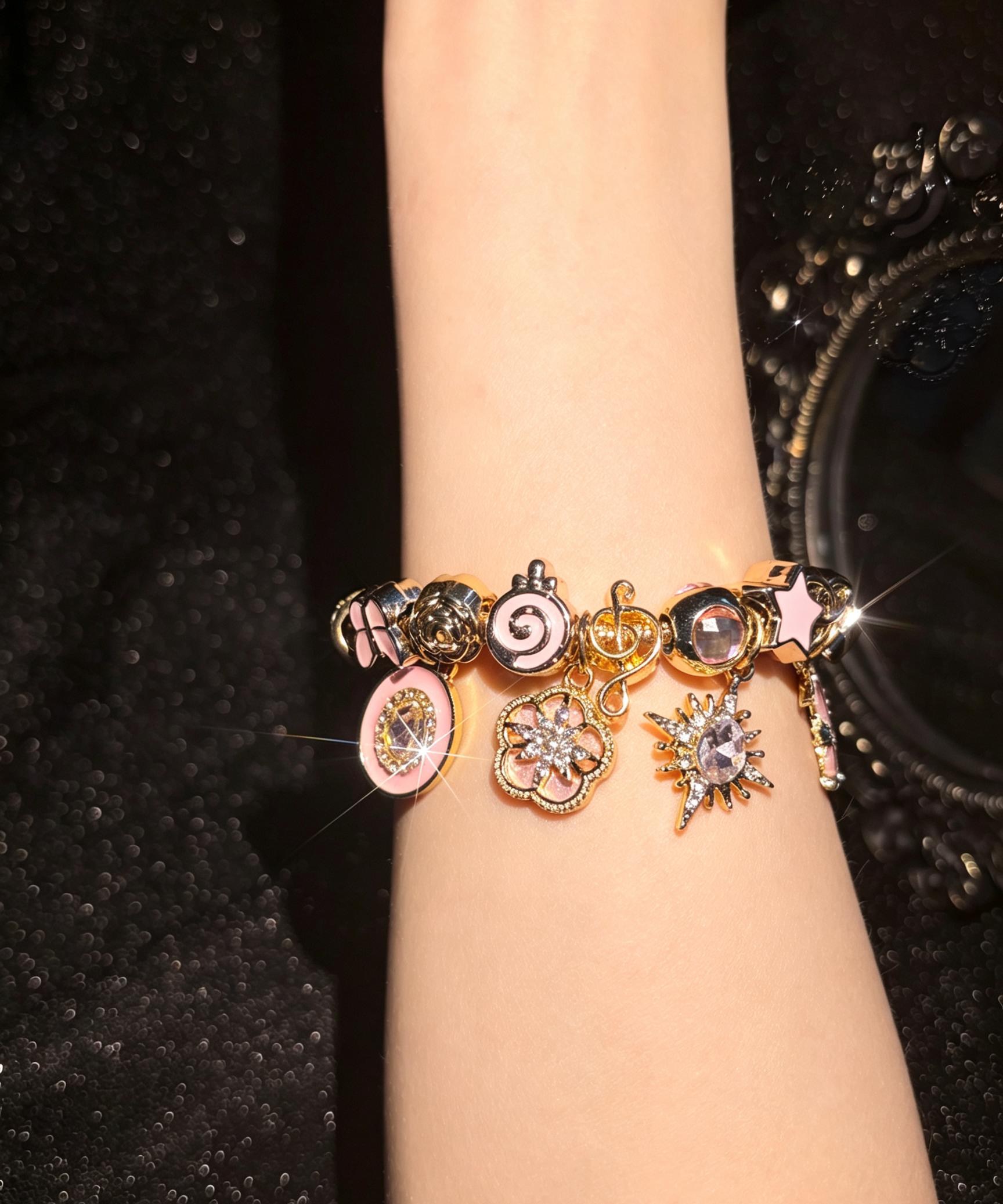 Women's Pink Gold Enamel Charm Bracelet - Gold-Tone Adjustable Snake Chain with Sun, Star-Burst, Lollipop, Music Note, Heart Dangle Charms, Rhinestone Fashion Jewelry Gift for Teen Girls