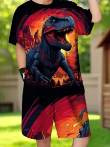 Cute Baby Tyrannosaurus Rex Print Set, Dark Flame Background, Casual Fitted, Perfect for Outdoor Wear, All Seasons