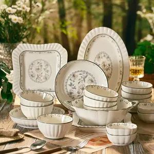 23/34/45 piece ceramic tableware set with jasmine flower pattern, rustic style, suitable for serving steak, roasted chicken, pasta, fruit salad and other delicacies, suitable for kitchens, restaurants, picnics and other places, versatile and practical