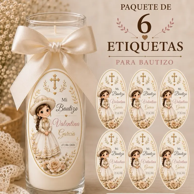 6 Baptism Party Candle Stickers for Mi Bautizó Celebrations