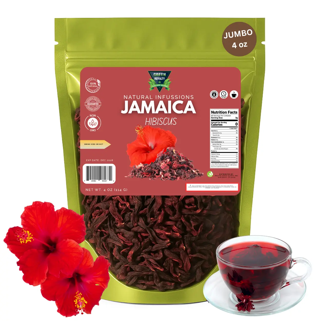 Green Royalty Natural Fruity Flavor Hibiscus Loose Leaf Tea (4oz, Flor de Jamaica) - Herbal Drink, Hibiscus Flowers Tea, Herbal Teas, Beverage