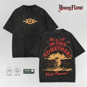 YoungFlame Fallout Vault Acid Wash T-Shirt | Wasteland Aesthetic Graphic Tee | Heavyweight 100% Cotton Summer Streetwear 2026 outdoorfun short-sleeved men Casual Tshirt top vintage menswear