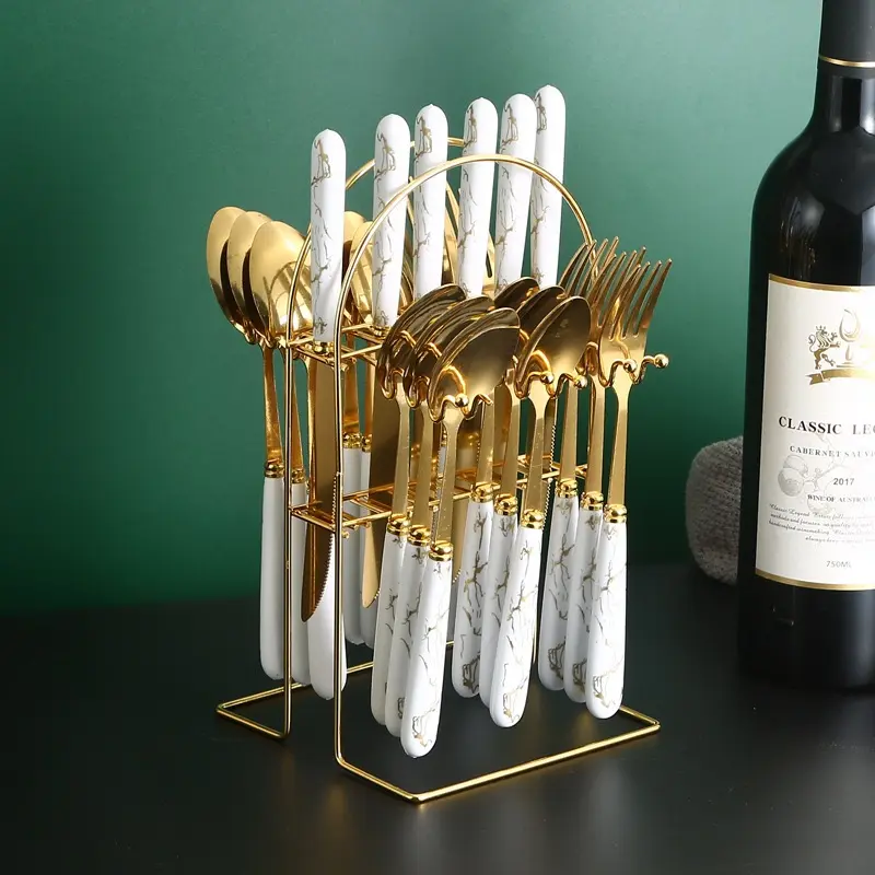 24 Pcs Gold Marble Cutlery Set With Stand | Elegant Stainless Steel Flatware familyfun 24 Pcs Gold Marble Cutlery Set With Stand | Elegant Stainless Steel Flatware familyfun