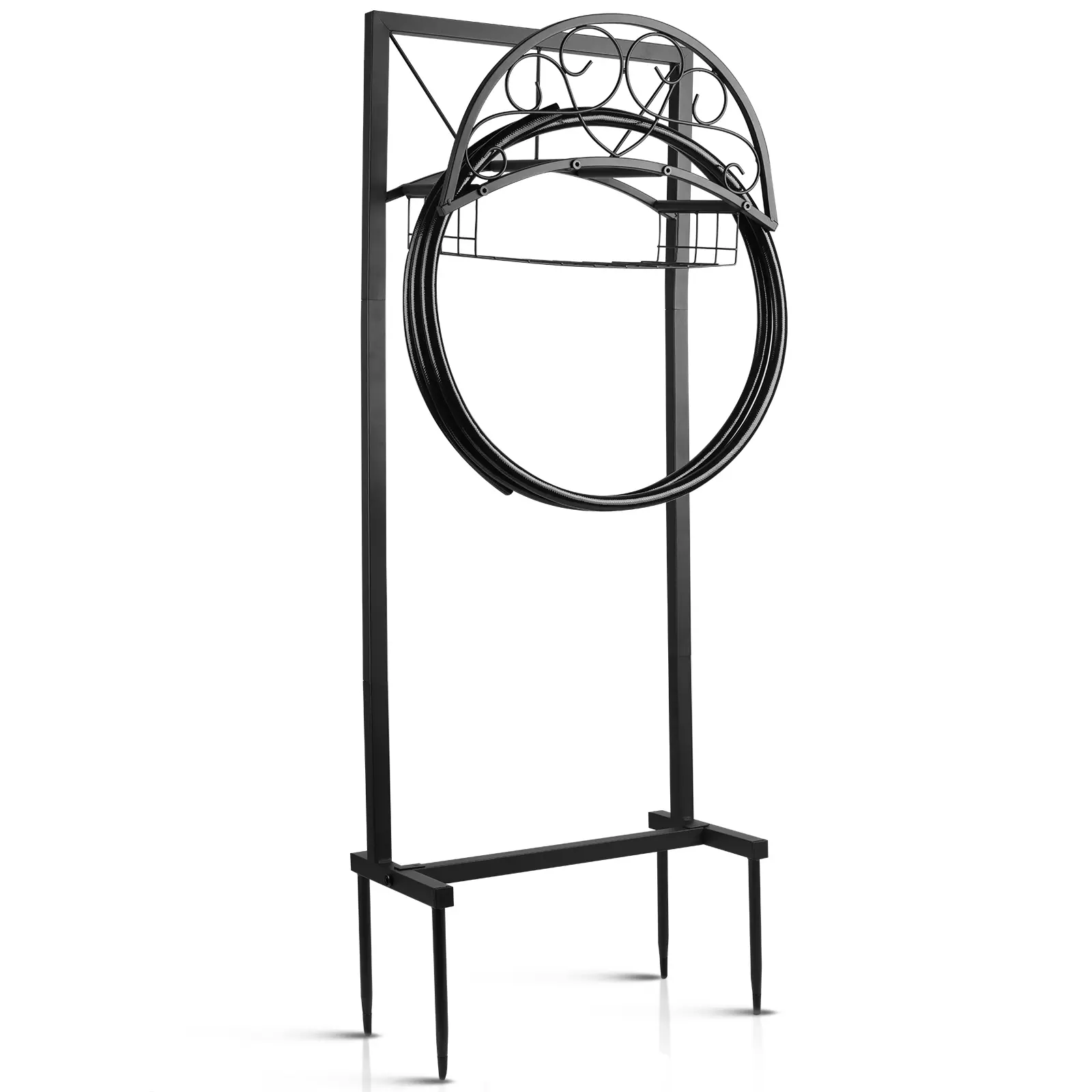 Heavy Duty Freestanding Garden Hose Holder - 151ft Capacity Water Hose Reel Stand with Storage Basket for Outside Yd, Lawn, Farm