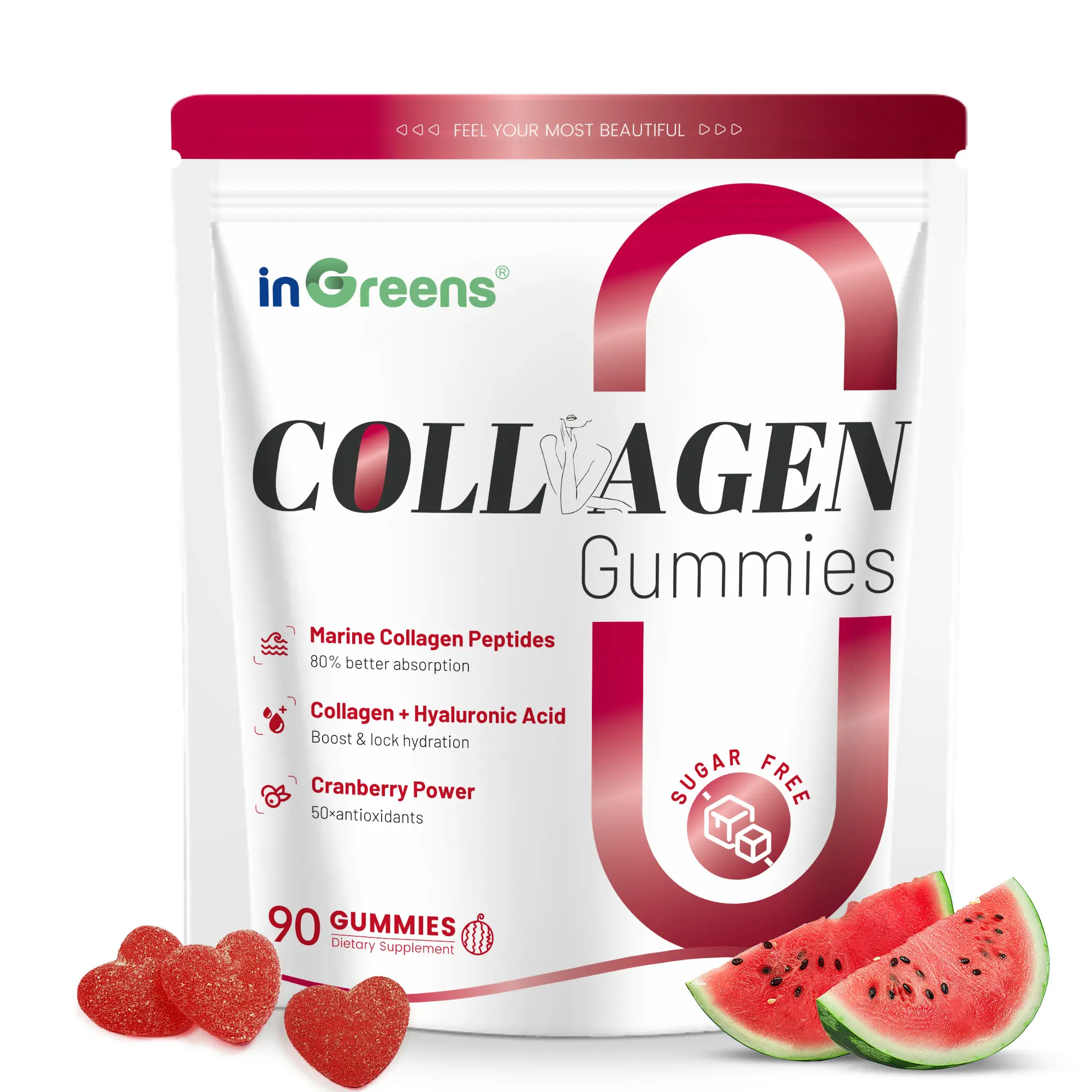 InGreens Collagen Gummies with Hydrolyzed Marine Collagen 5000mg Supplement for Women Aging & Healthcare Zero Sugar 30 Days Serving 90 Gummies US