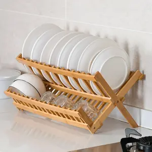 Bamboo Dish Drying Rack Utensil Holder Collapsible Wooden Dish Drainer Rack 2-Tier Folding Drying Holder for Kitchen Counter